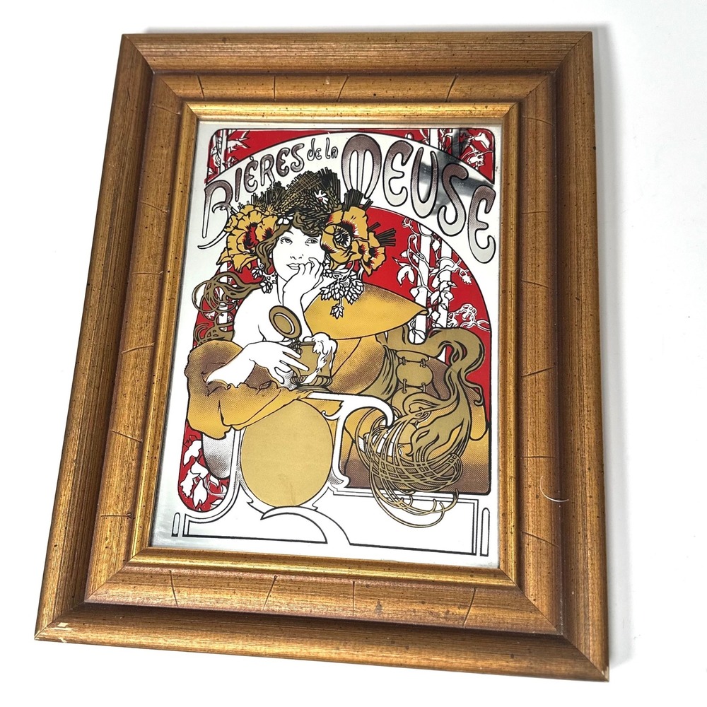 Vintage Art Nouveau Mirror, Bieres Be La Meuse, Lady, Graphic Art, 70s